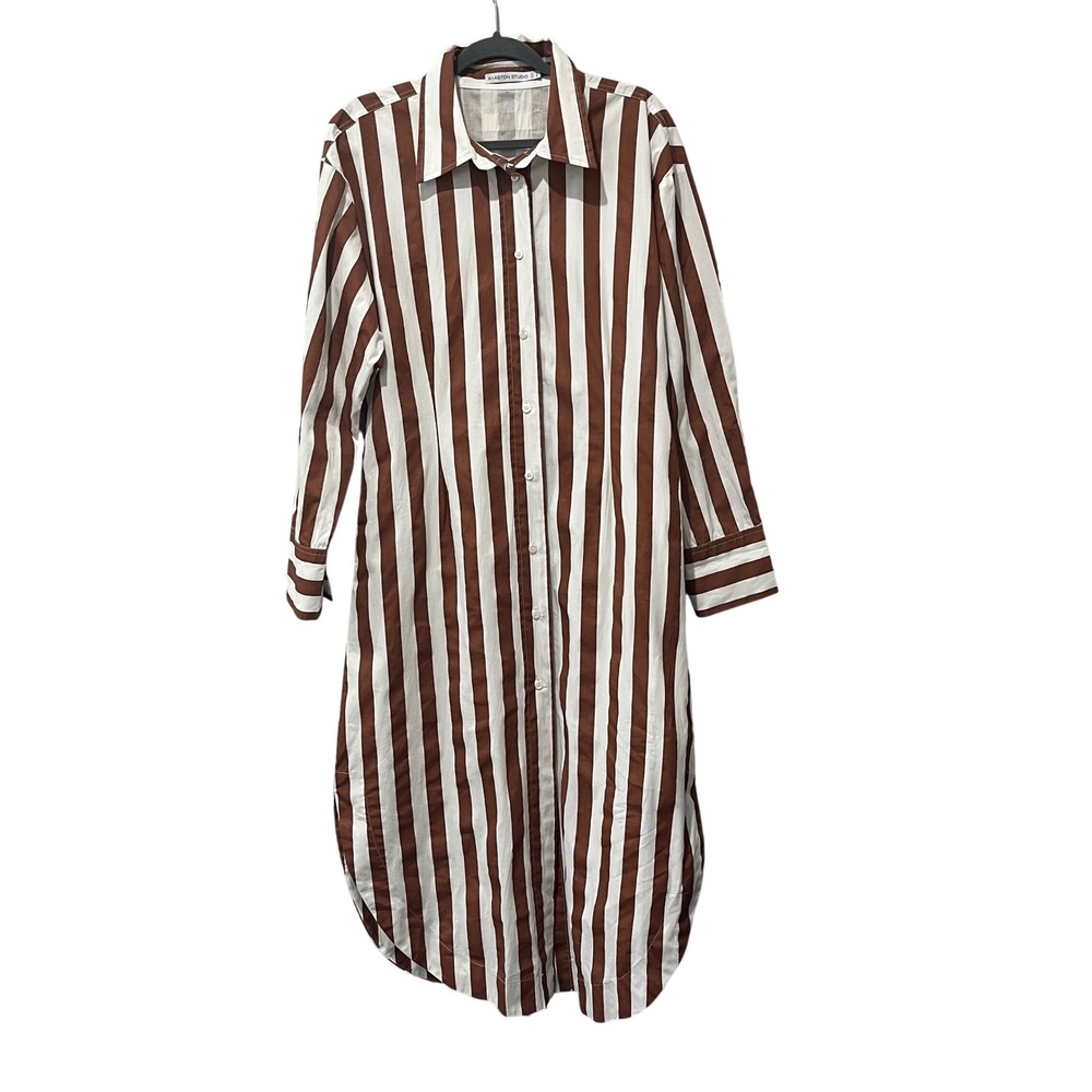 Aston Studio Finn Shirt Dress Brown White‎ Striped Cotton US 12 Beach Resort